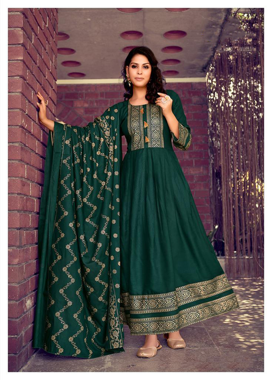 Green Color Fancy Foil Printed Rayon Gowns With Dupatta Collection