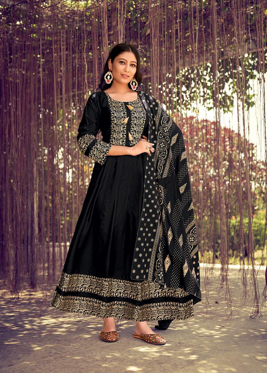 Black Color Fancy Foil Printed Rayon Gowns With Dupatta Collection