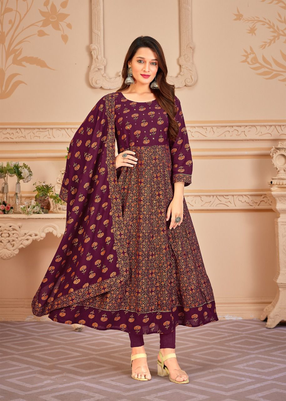 Purple Color Fancy Foil Printed Rayon Gowns With Dupatta