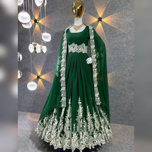 Elegant Green Color Multi Needle Work Embroidery Georgette Gown