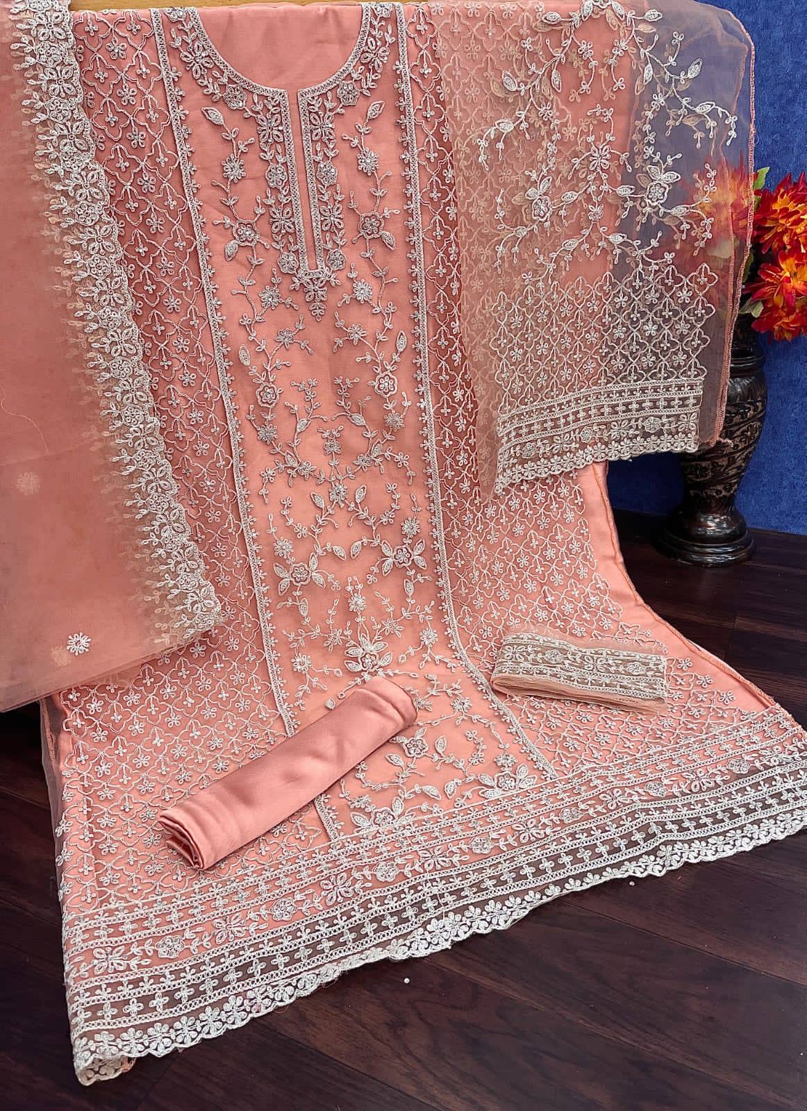 Embroidered Net Beautiful Palazzo Suit In Sierra Vista