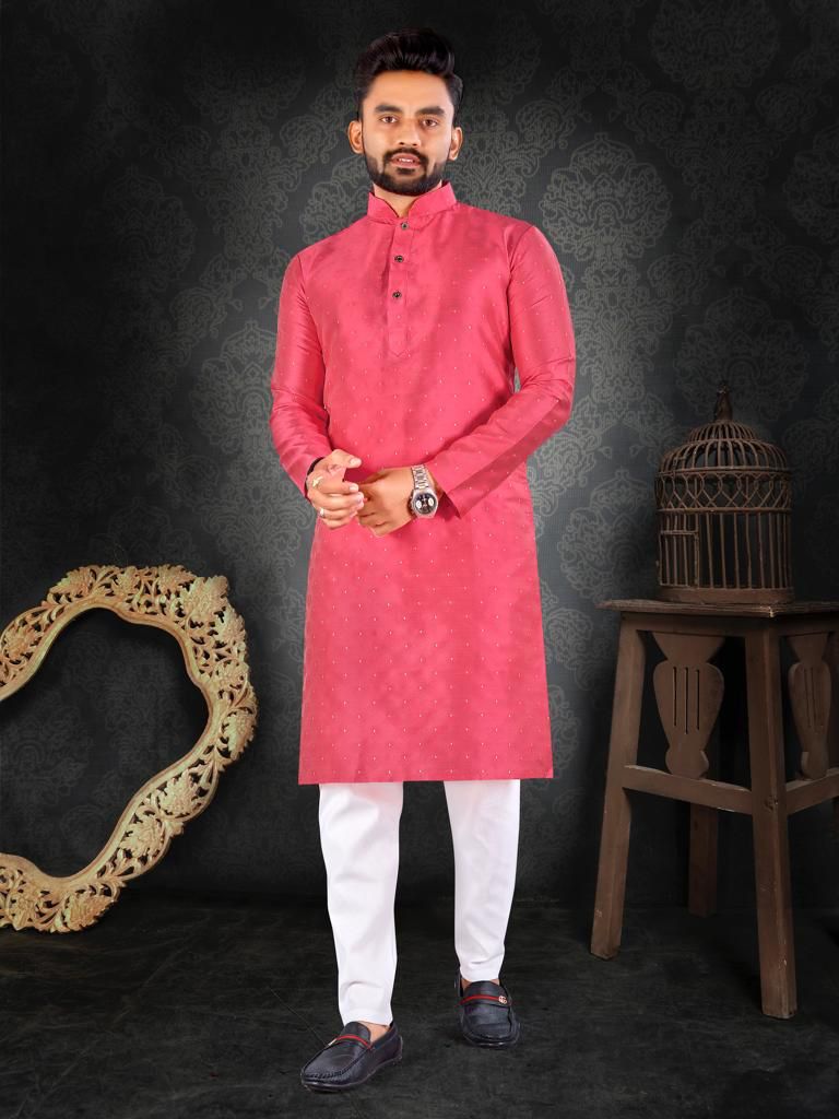 Butti Weaving Pink Traditional Men's Kurta Pajama Set