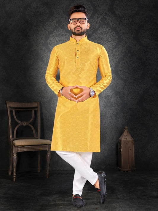 Fancy Butti Weaving Yellow Traditional Men's Kurta Pajama Set