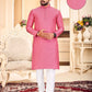 Pink Men's Plain Dotted Jacquard Silk Kurta Pajama Set