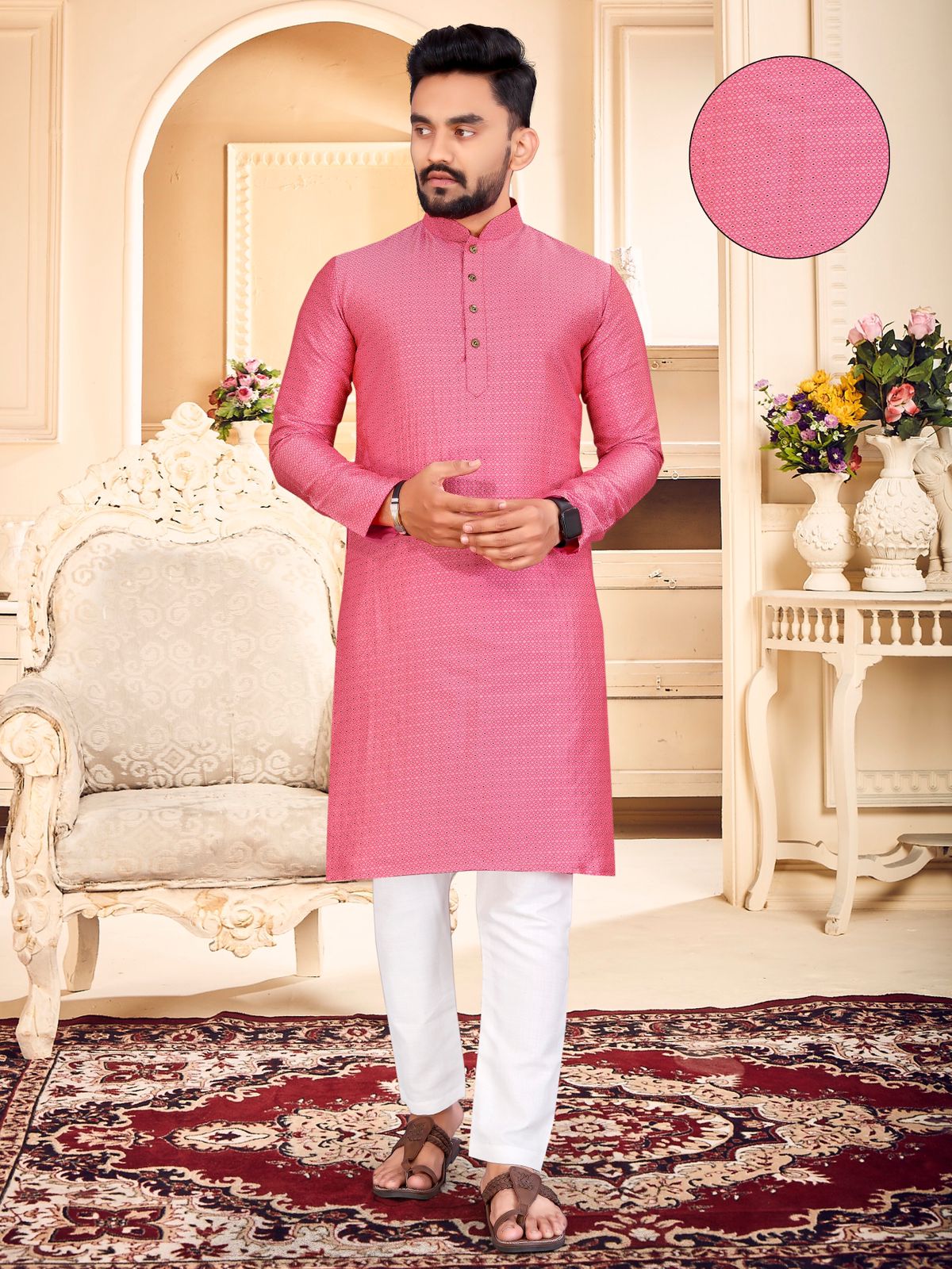 Pink Men's Plain Dotted Jacquard Silk Kurta Pajama Set