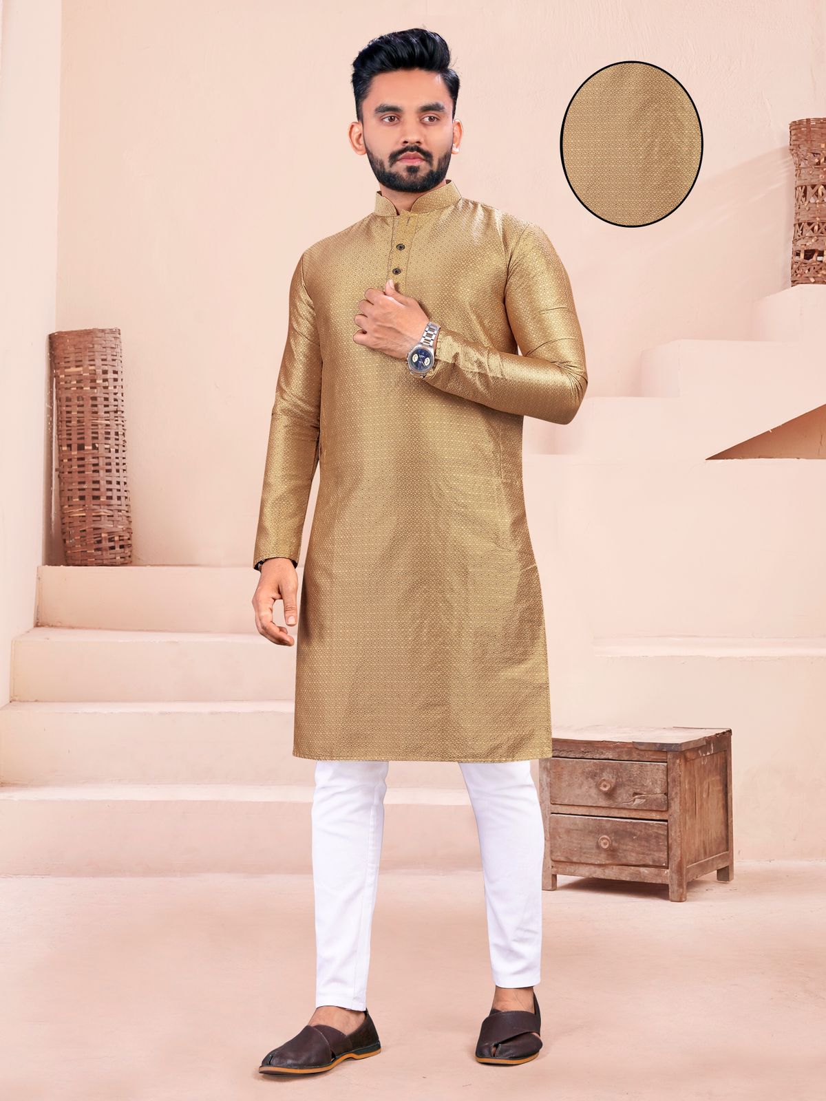 Brown Jacquard Silk Men's Plain Dotted Design Kurta Pajama Set