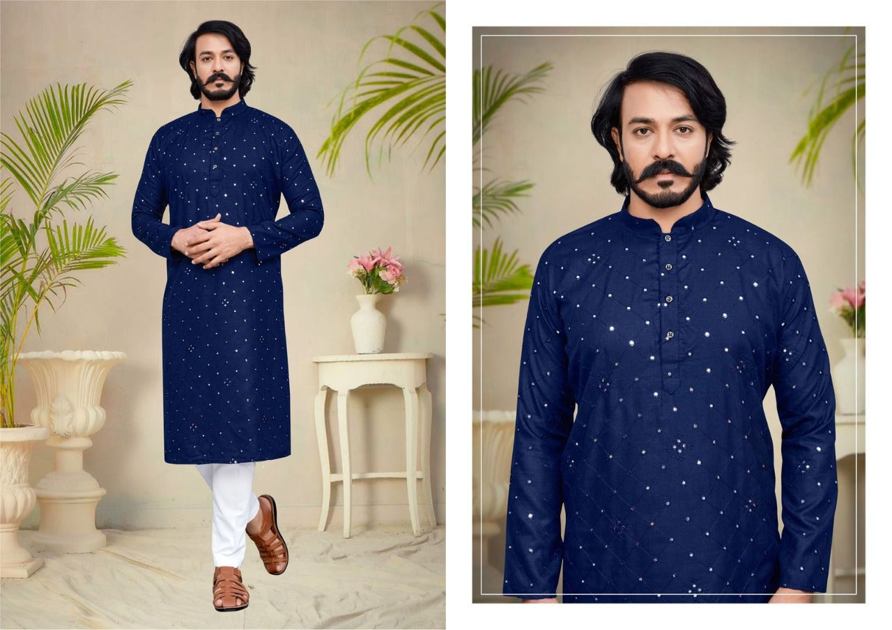 Stylish Kurta Pajama With Embroidery Mirror Work Navy Blue