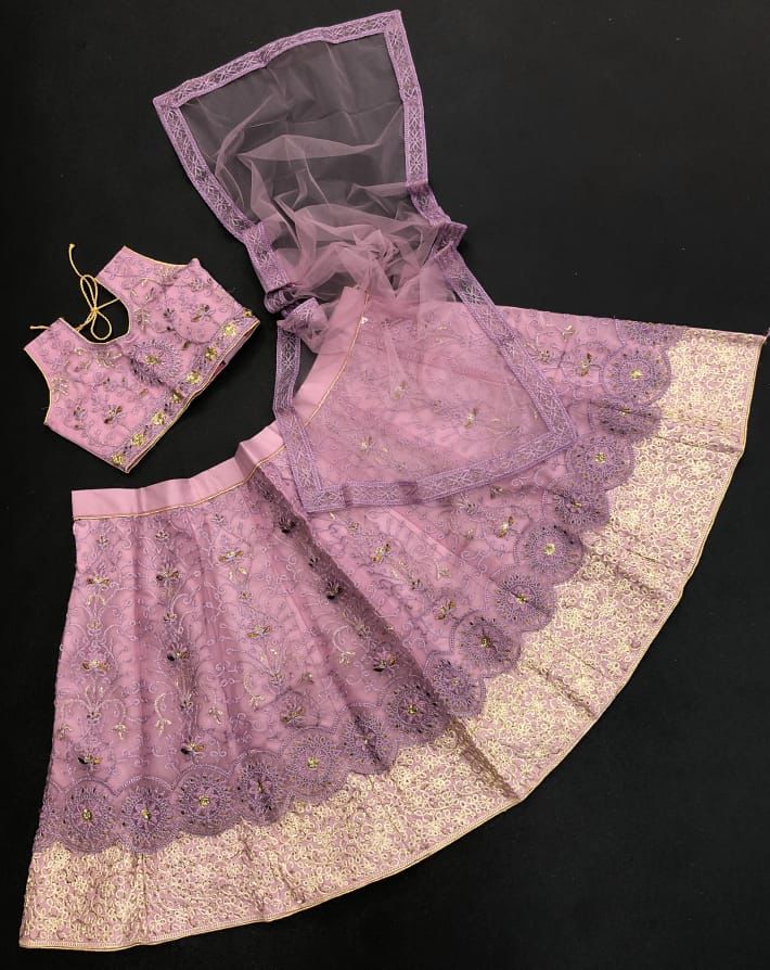 Designer Double Layered Net Embroidery Lehenga Choli - Purple in Chandler