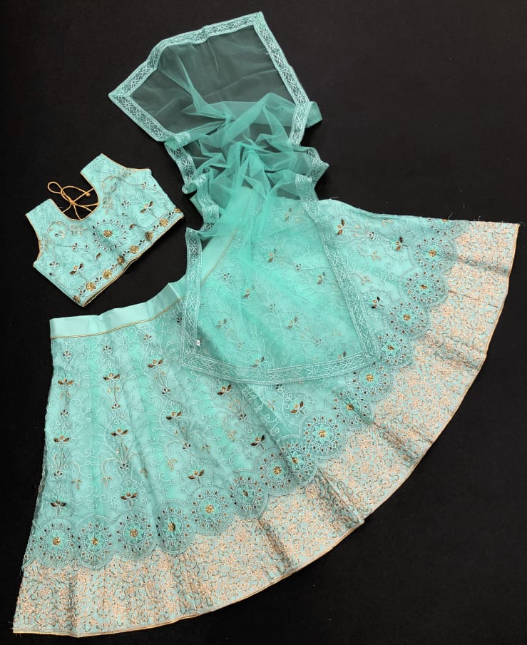 Designer Double Layered Net Embroidery Lehenga Choli - Sky Blue in Tempe