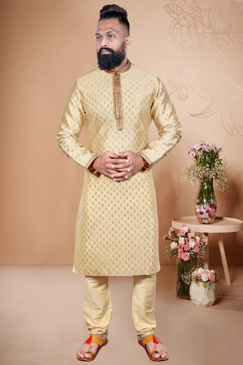 Attractive Men's Ethnic Kurta With Pajama Set - Gold