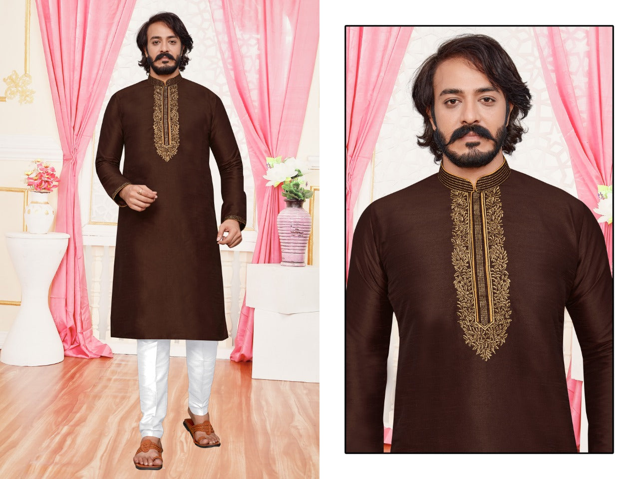 Men's Embroidered Art Silk Brown color Kurta Pajama Set in USA