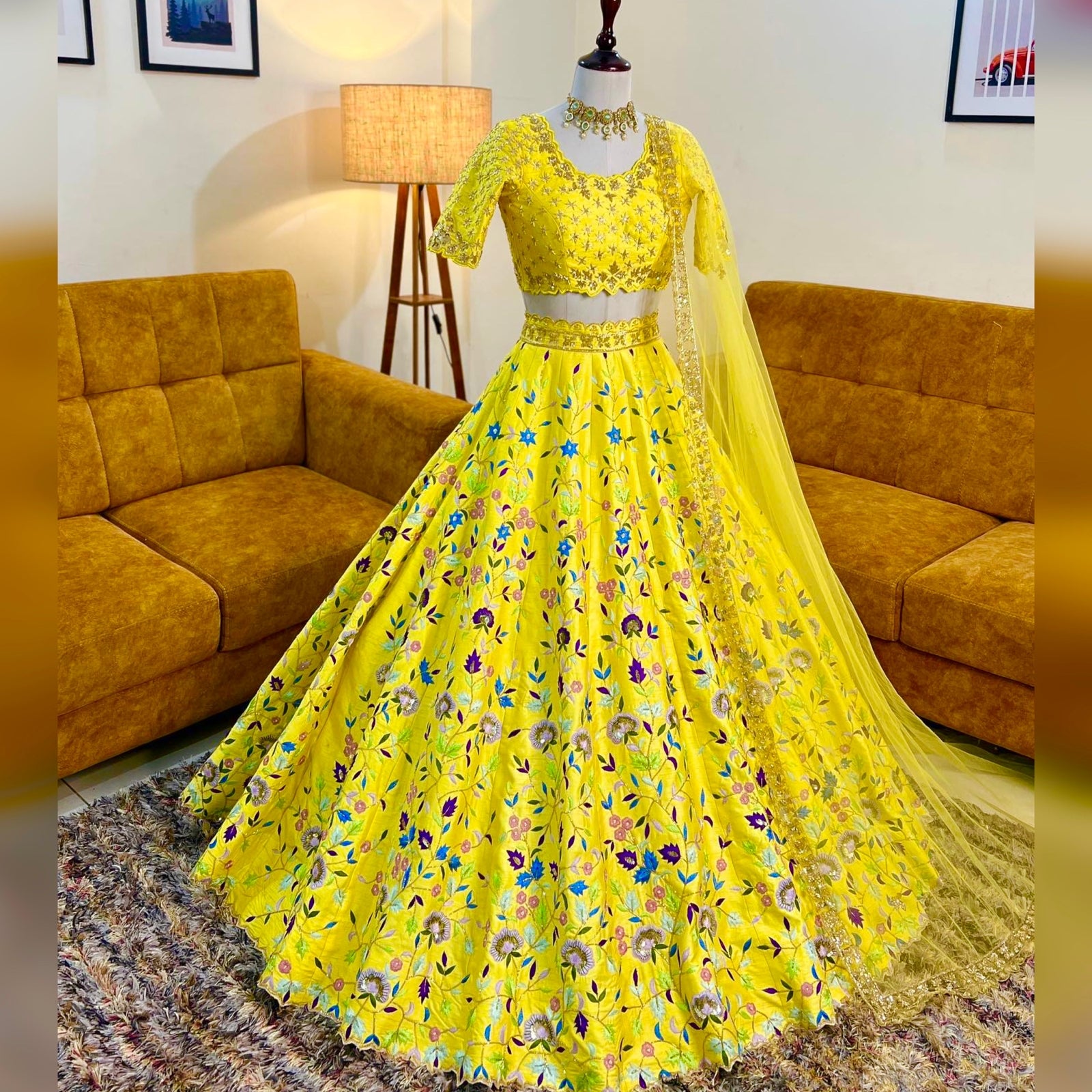 Yellow Color Malai Satin Silk Flower Embroidered Lehenga Choli In USA