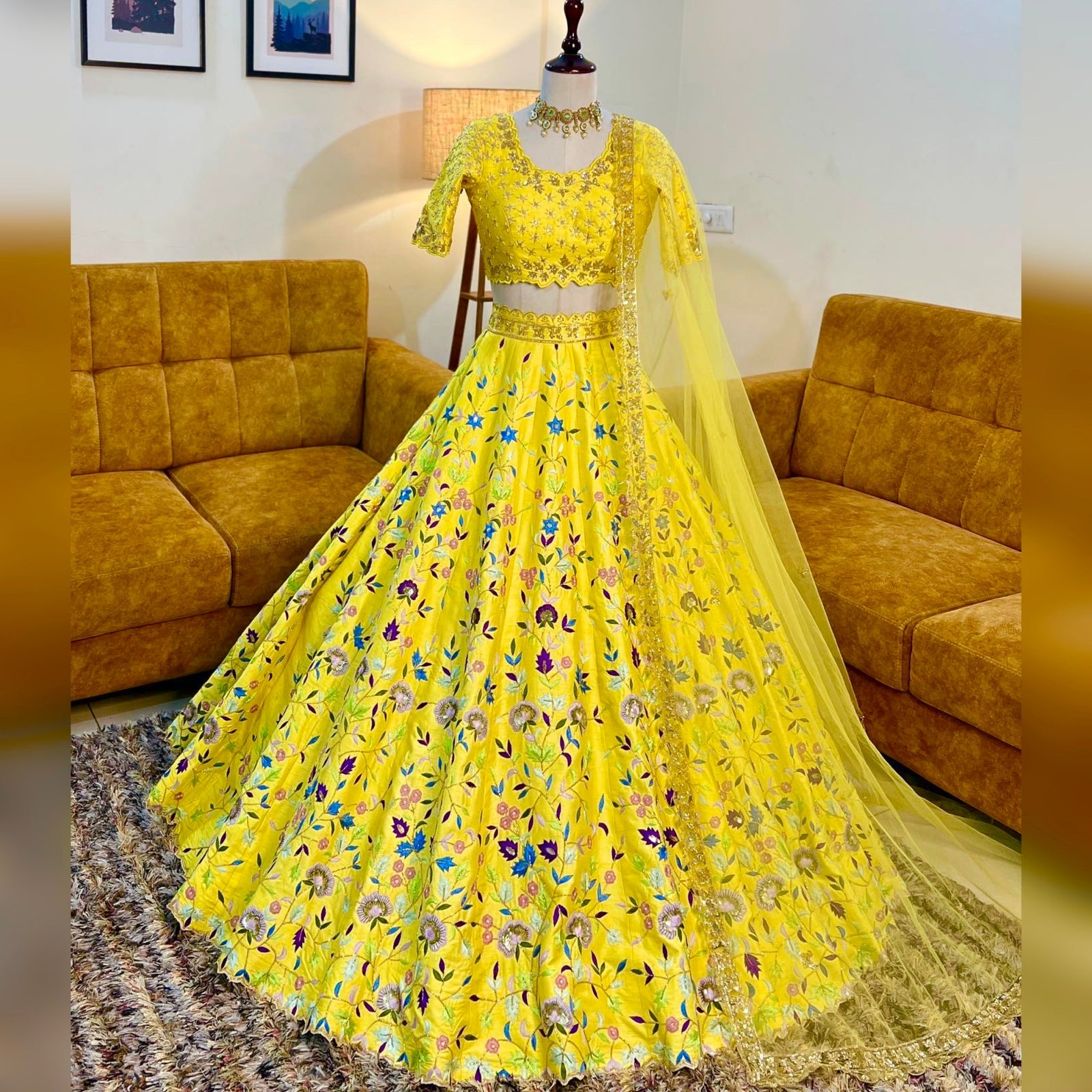 Attractive Yellow Color Malai Satin Silk Flower Embroidered Lehenga Choli
