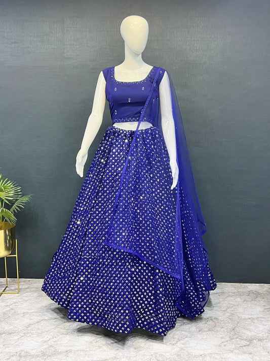 Elegant Blue Color Heavy Georgette Embroidery And Sequins Work Lehenga Choli