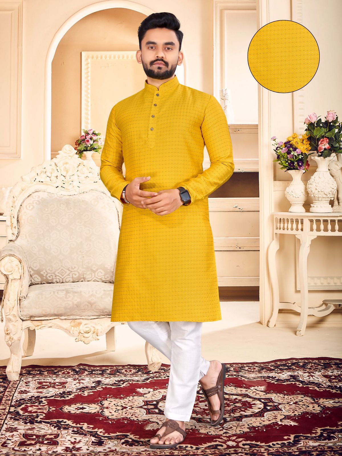 Yellow Men's Plain Dotted Design Kurta Pajama Set