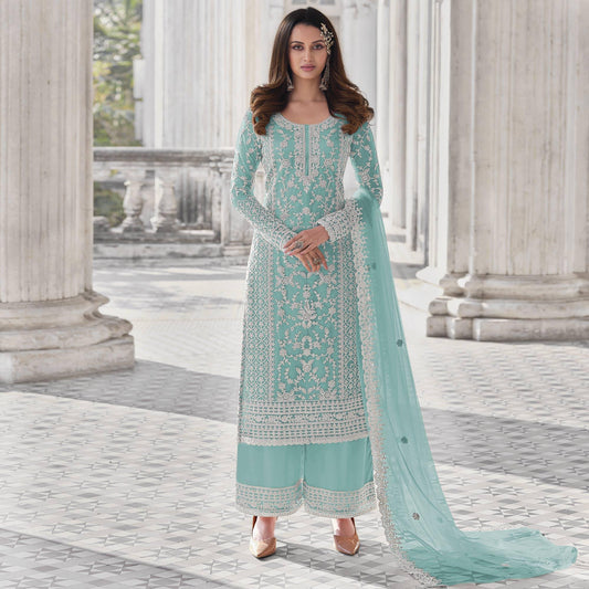 Light Teal Green Embroidered Net Beautiful Palazzo Suit