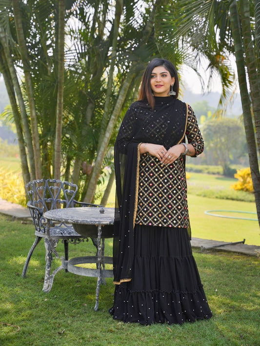 Attractive Black Georgette Sequins Embroidery Work Sharara Suit