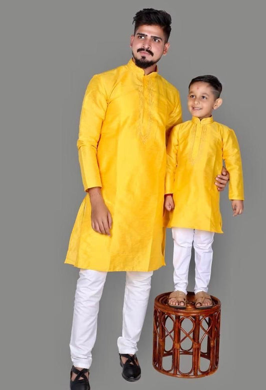 Dad And Son Pure Malbari Silk Regular Pajama Set - Yellow