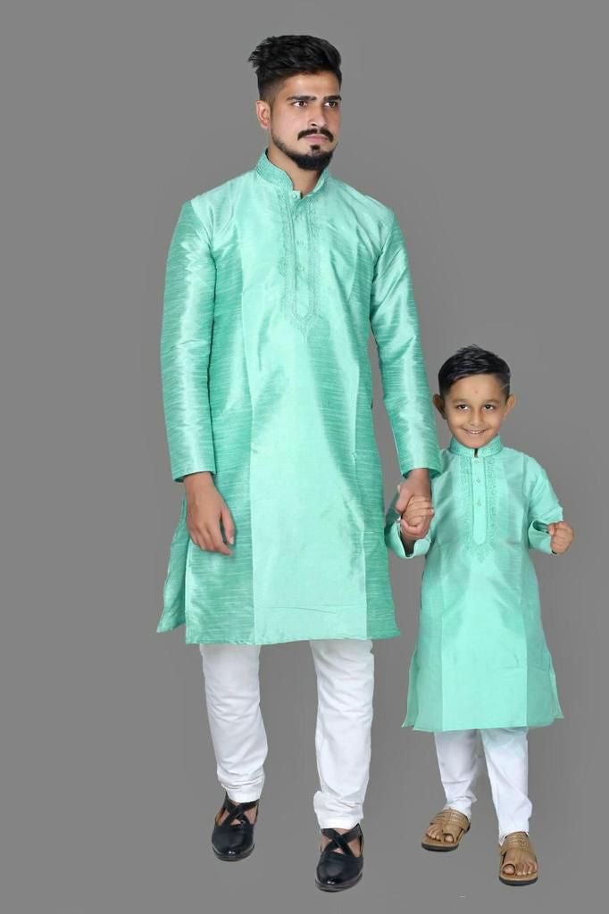 Dad And Son Pure Malbari Silk Regular Pajama Set - Sea Green