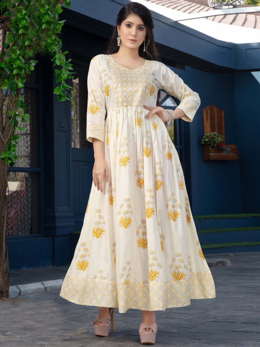 Vibrant Yellow Floral Cambric Printed Cotton Gown