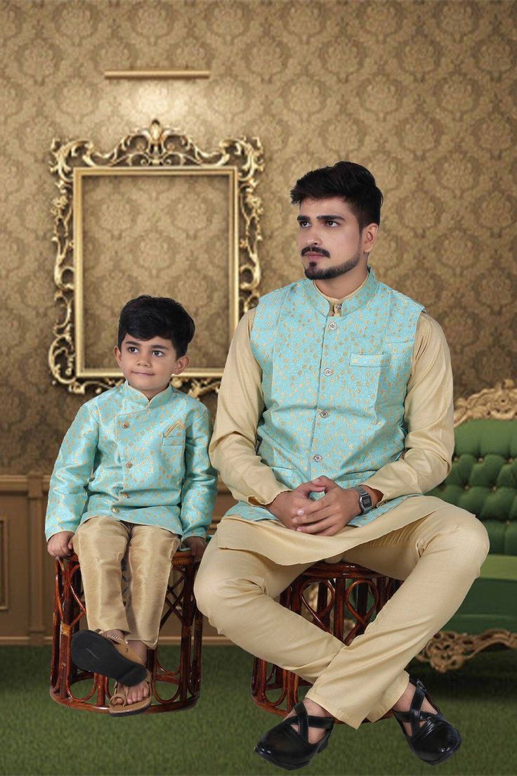 Dad & Son Pure Cotton Silk Regular Pajama Set with Jacket - Sea Blue