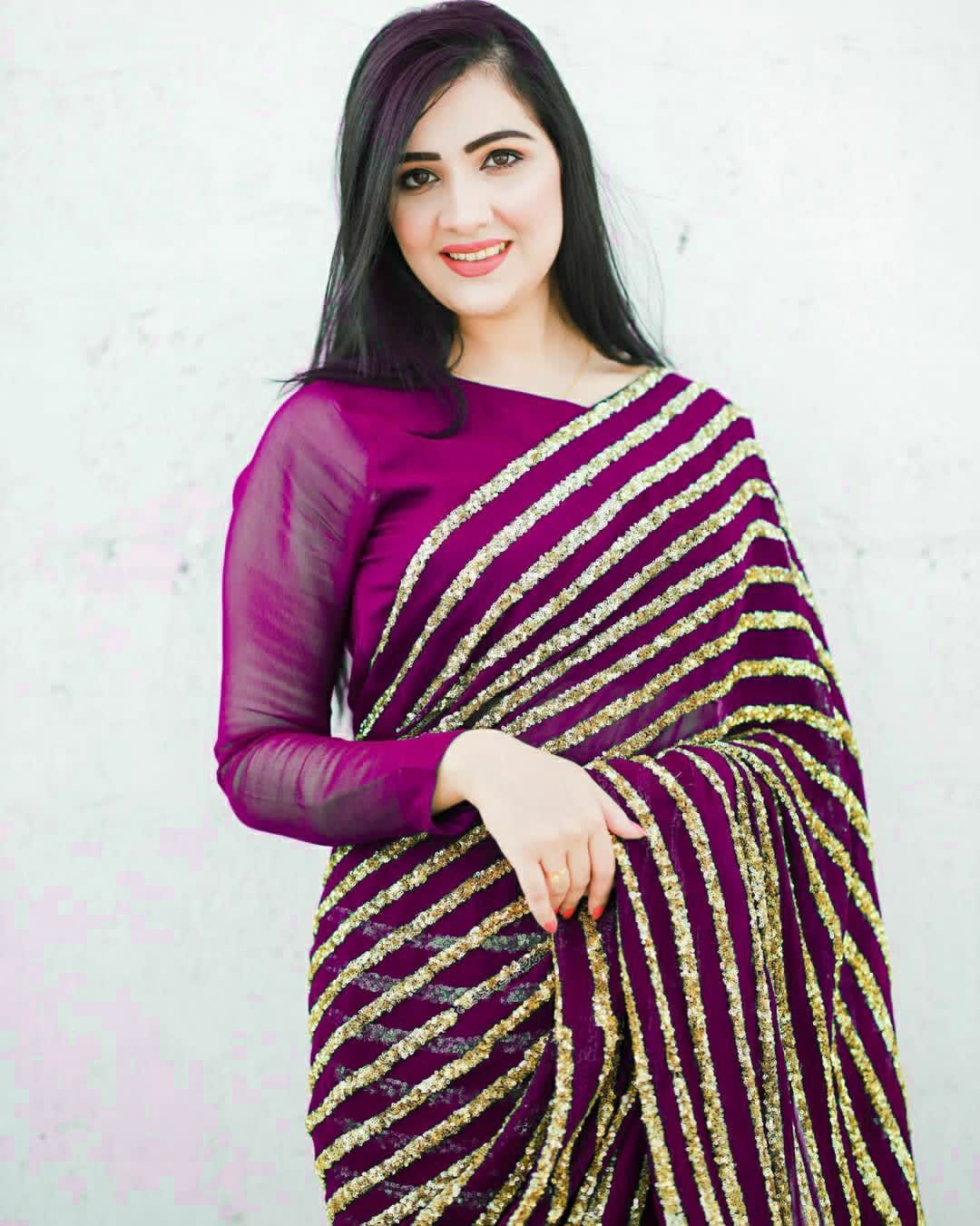 Purple Sequins Stripe Pure Georgette Sarees Near me