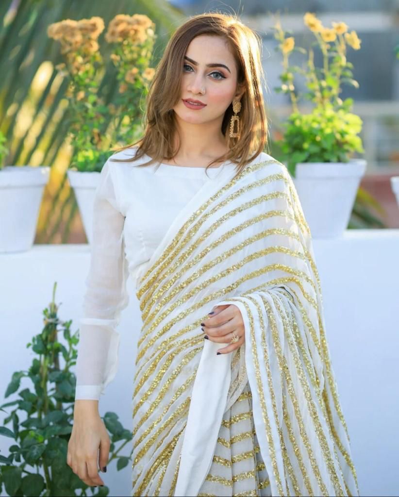 Off White Festival Faux Georgette Trendy Saree