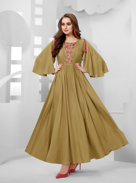 Classy Mustard Color Slub Rayon Full Length Dress With Flared Sleeve