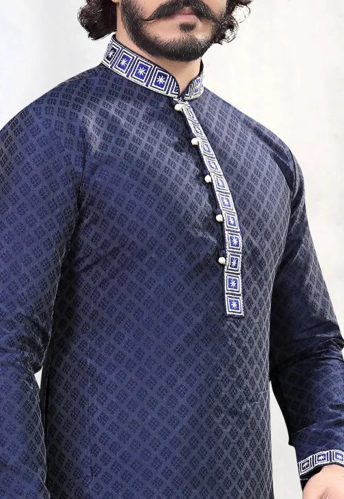 Dark Blue Embroidered Men's Cotton Silk Kurta Pajama Set Near Me