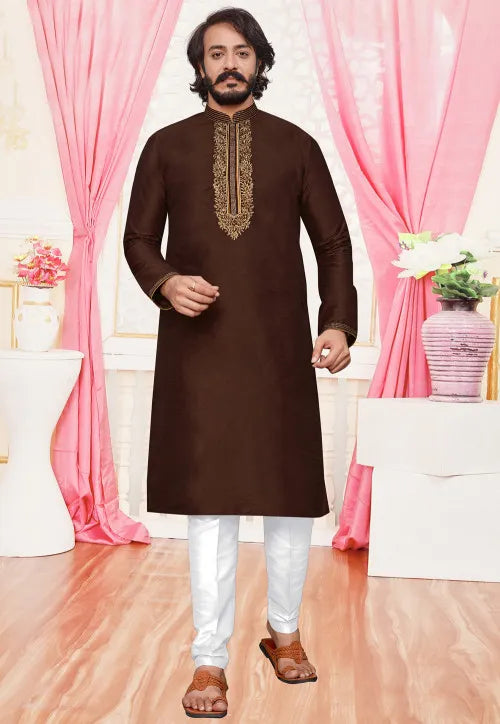 Men's Embroidered Art Silk Brown color Kurta Pajama Set 