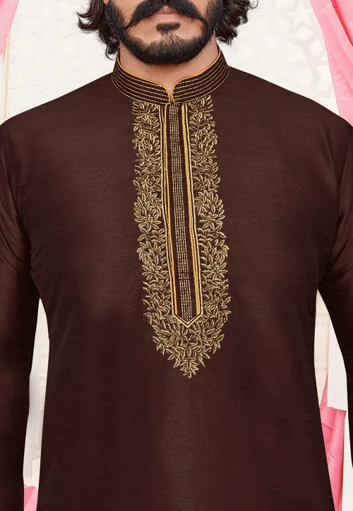 Men's Embroidered Art Silk Brown color Kurta Pajama Set in Flagstaff 