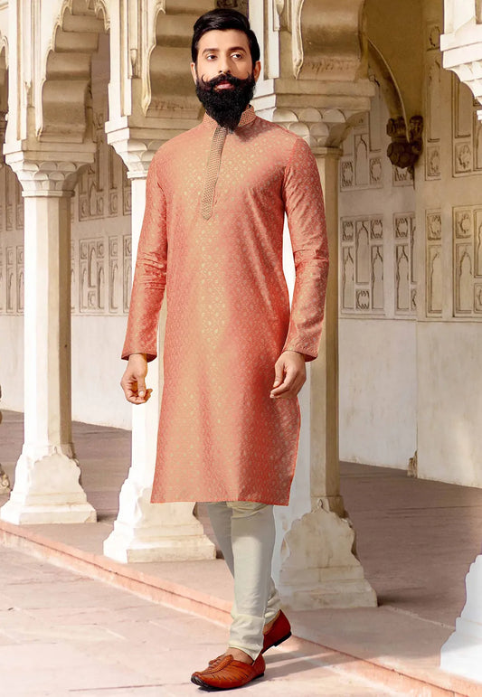 New Trendy Jacquard Silk Traditional Men's Kurta And Pajama Set - Peach
