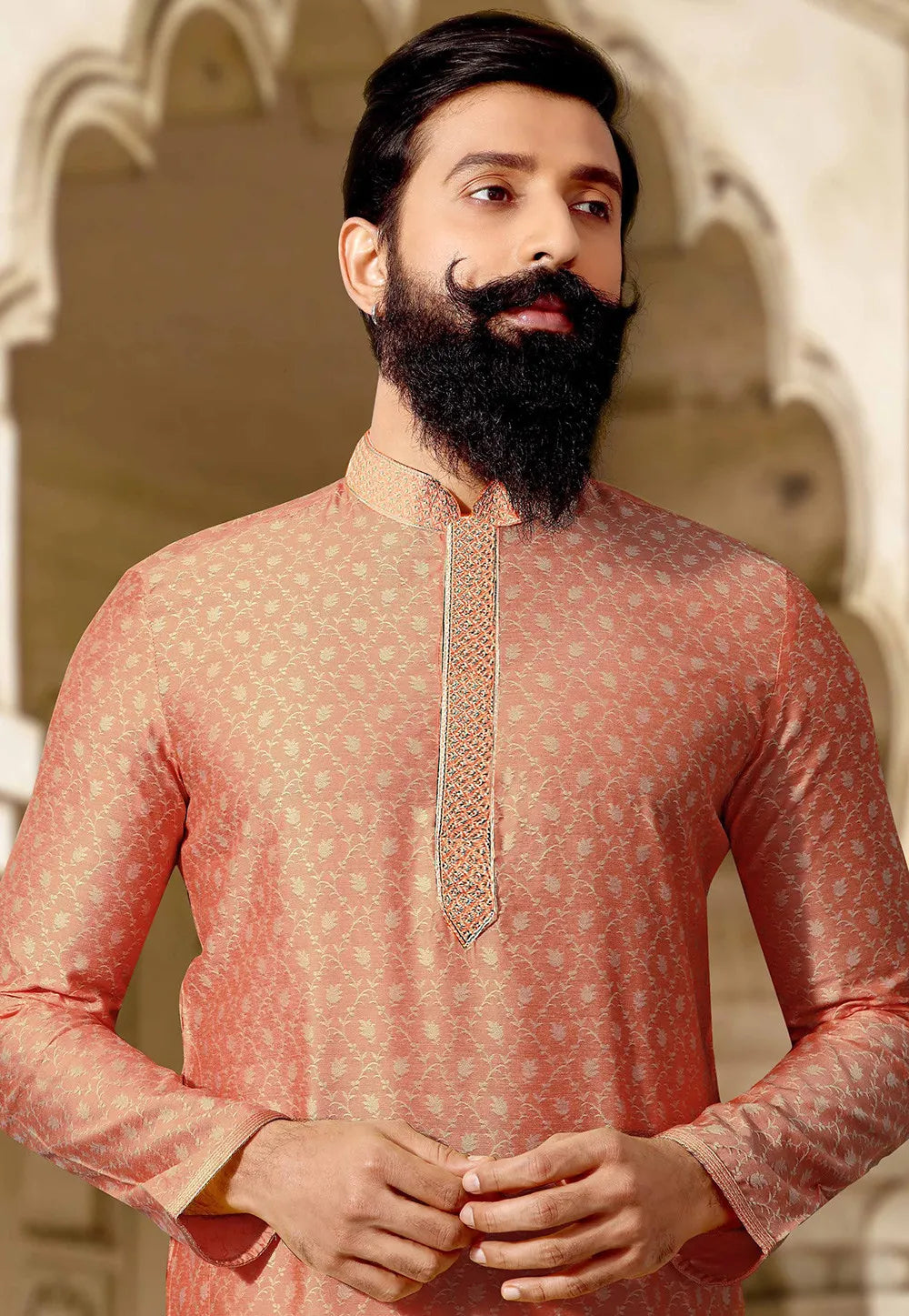 New Trendy Peach Silk Traditional Men's Kurta Near Me