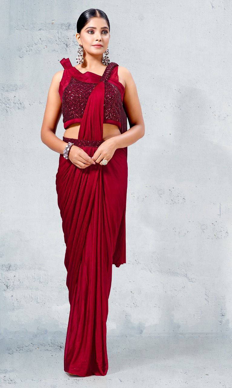 Stylish Dark Maroon Ready To Wear Lycra Designer Saree