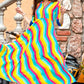 Multi Colored Slub Rayon Mandarin Collared Long Dress
