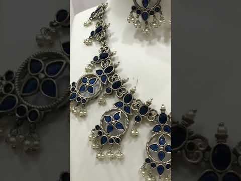 Mesmerizing Blue Chandbali Silver Oxidized Necklace Set In Gilbert