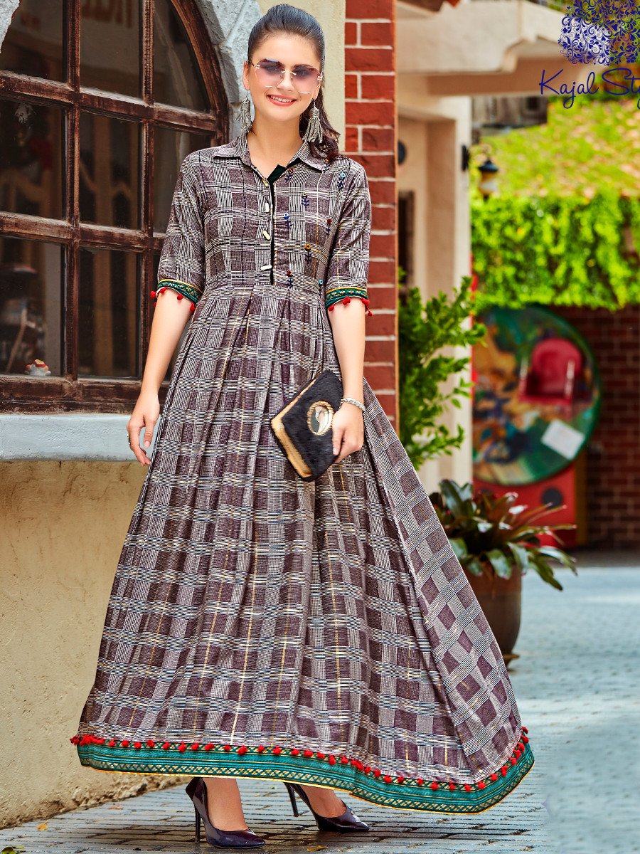 Alluring Brown Colored Collared Slub Rayon Long Dress