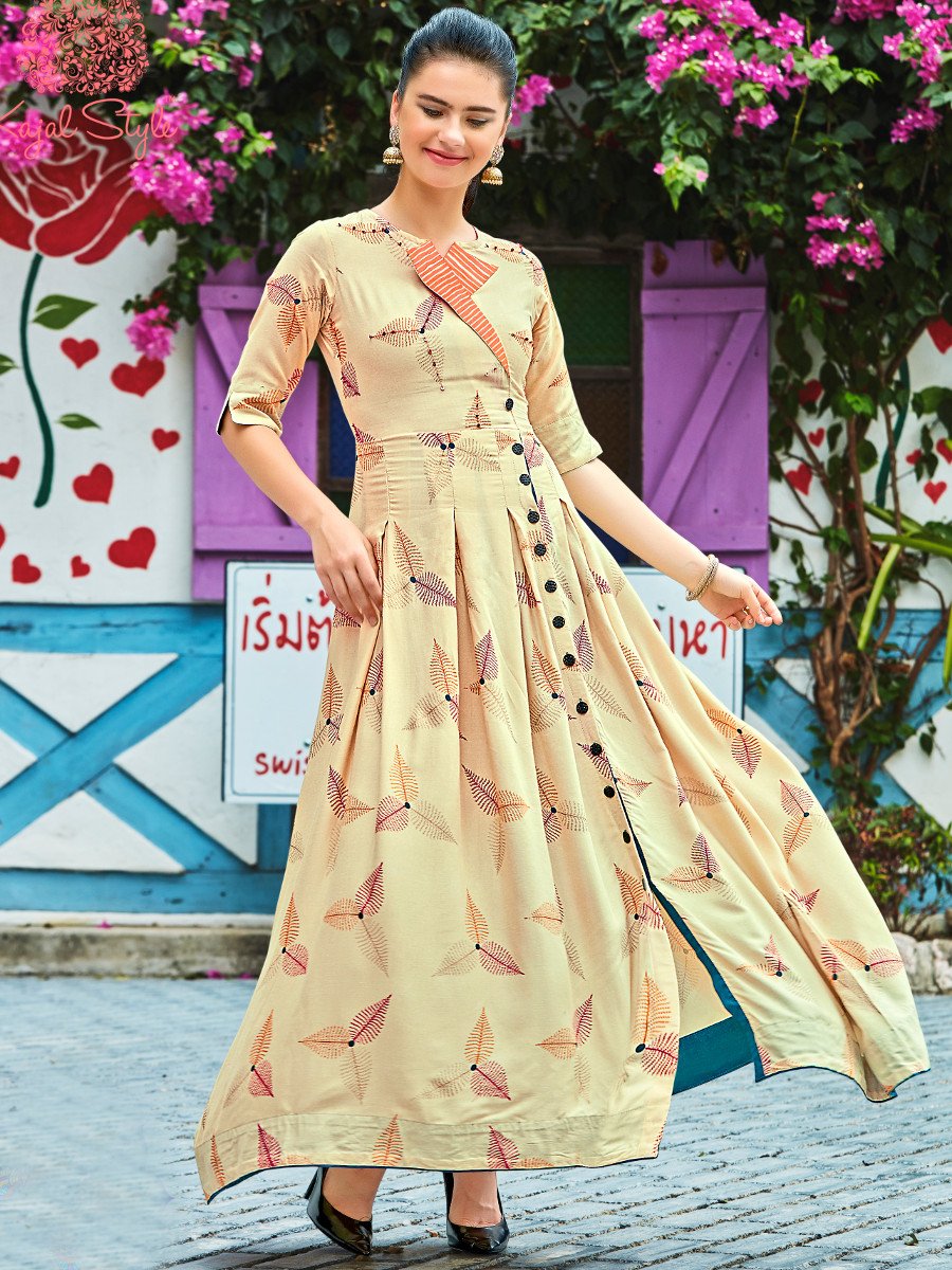 Pleasing Cream Colored Slub Rayon Long Dress