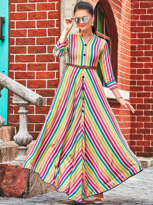 Multi-Colored Slub Rayon Mandarin Collared Long Dress With Belt