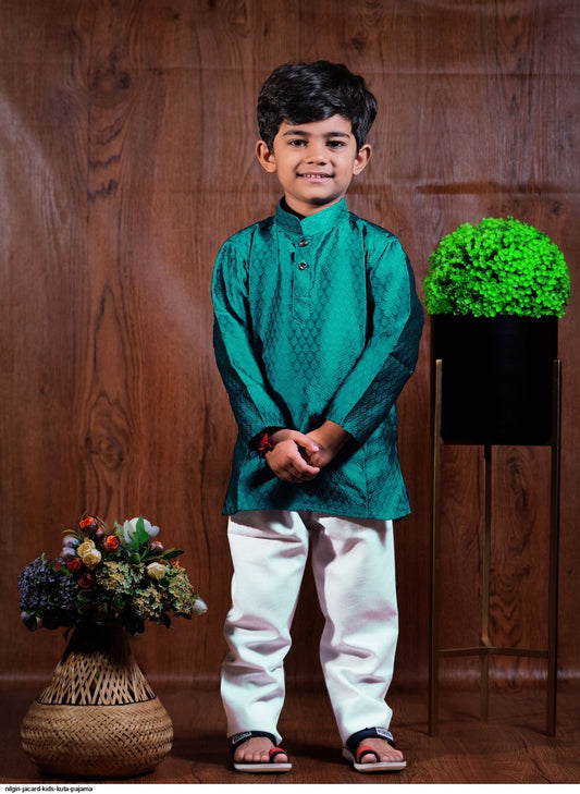 Kid's Designed Jacquard Sherwani with Pajama Set - Green in Apache junction