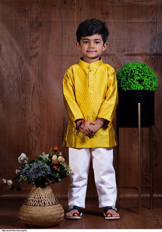 Kid's Designed Jacquard Sherwani with Pajama Set - Yellow in Tempe