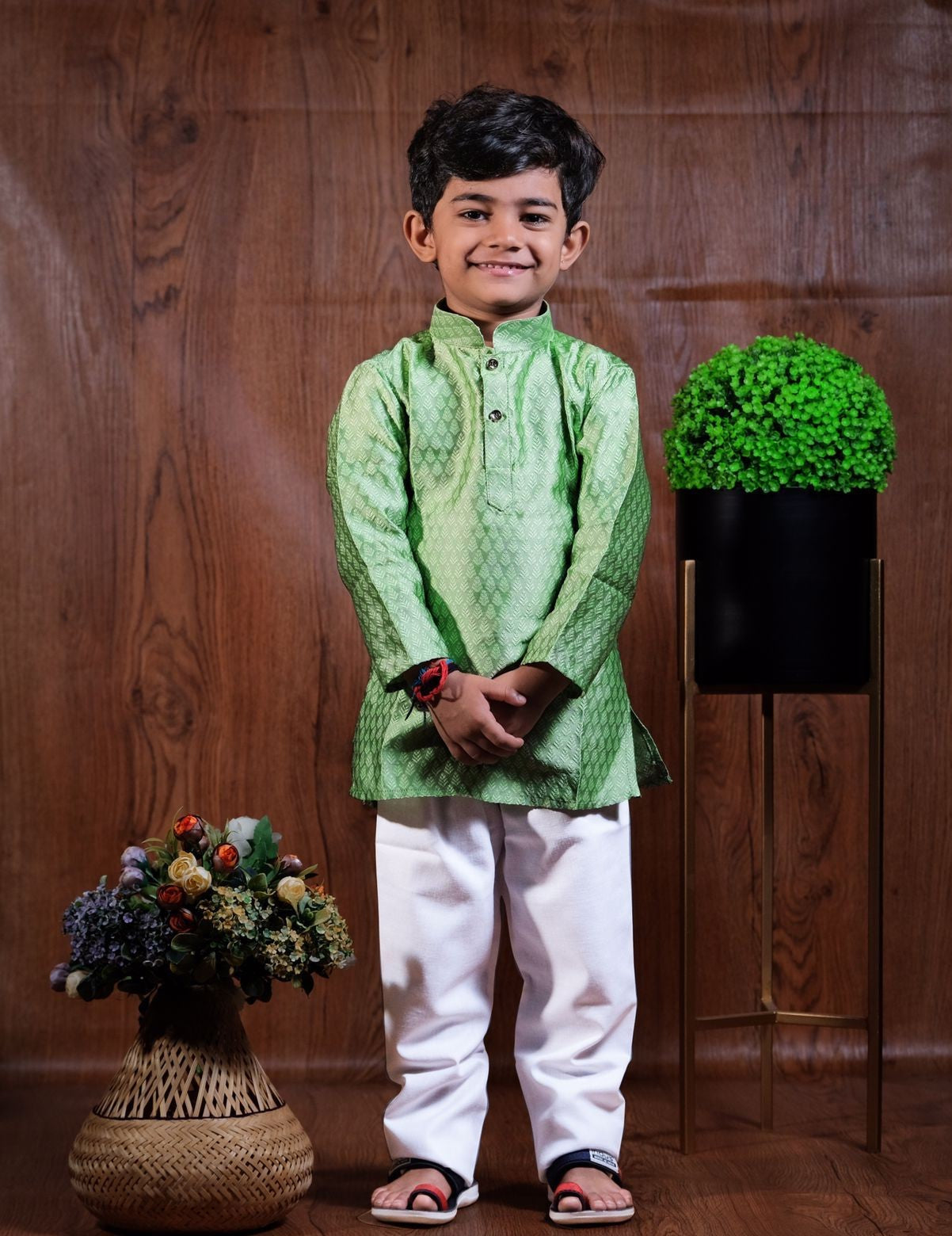 Kid's Designed Jacquard Sherwani with Pajama Set - Light Green in Sun city