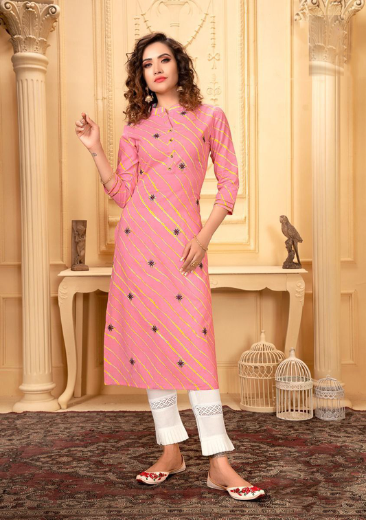 Pretty Pink Colored Cotton Printed Kurti With White Pant Set
