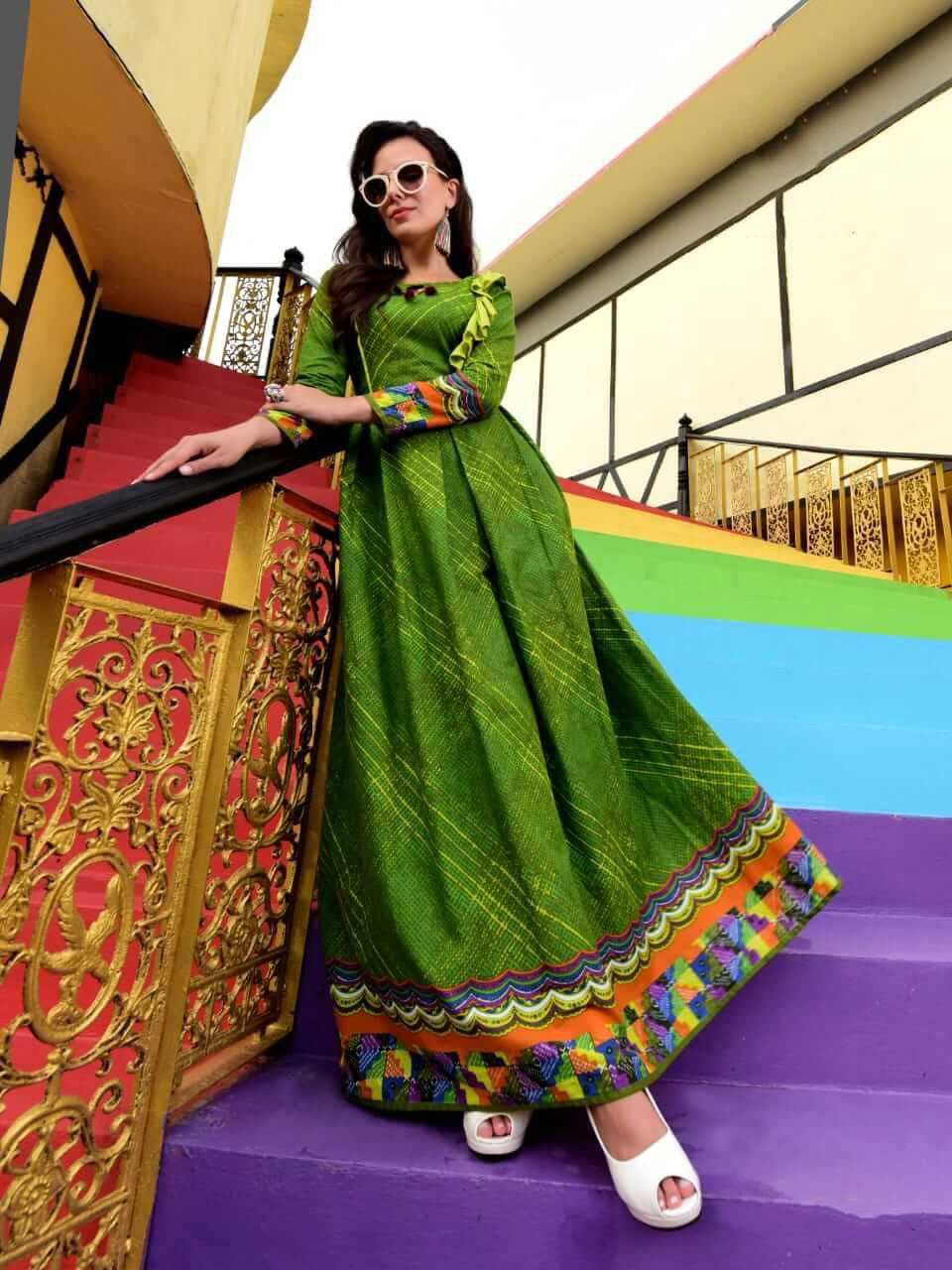 Cool Green Color Cotton Long Anarkali Dress