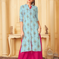 Breezing Light Blue Mandarin Collared Slub Rayon Kurti With Pink Palazzo Pants