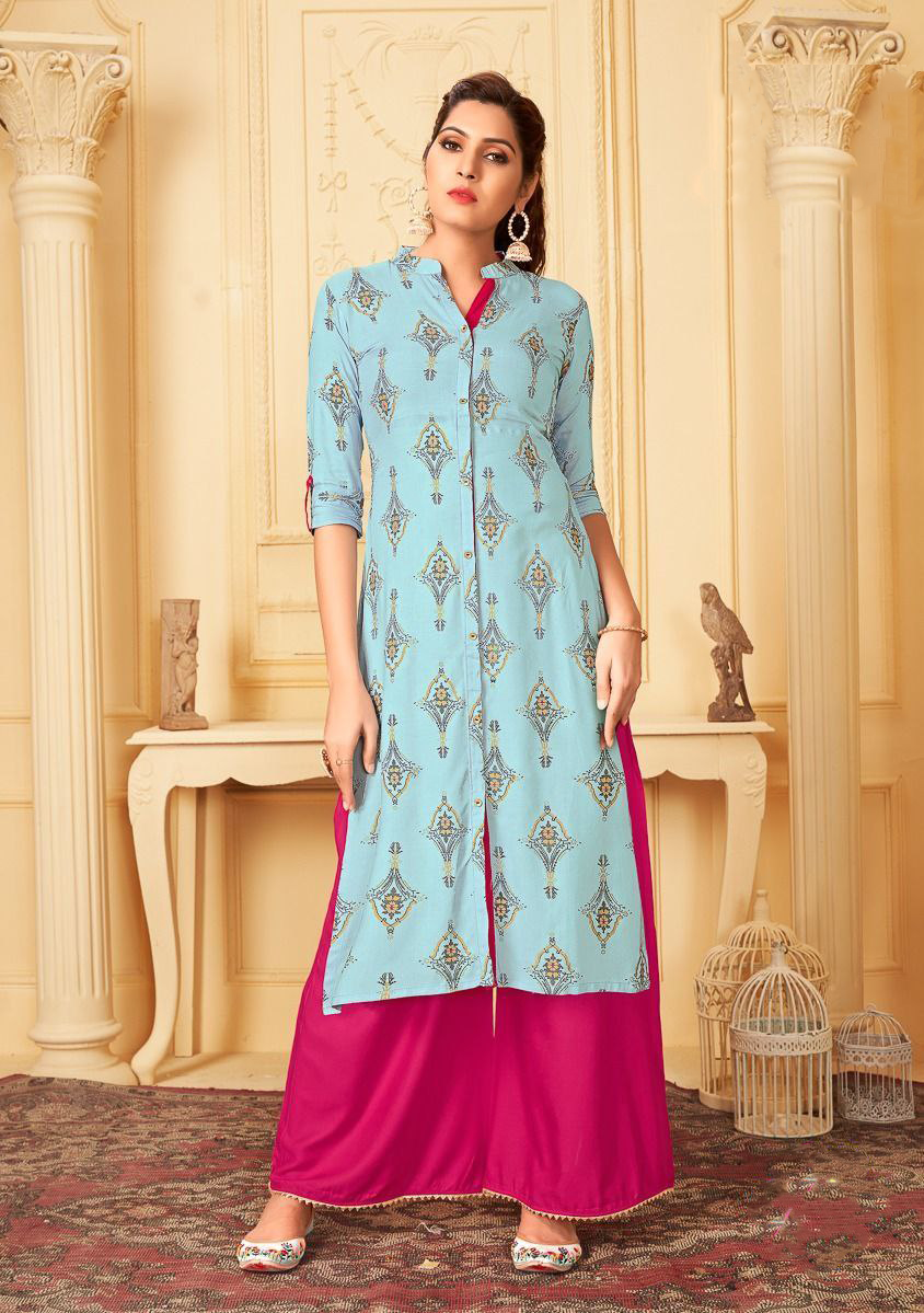 Breezing Light Blue Mandarin Collared Slub Rayon Kurti With Pink Palazzo Pants