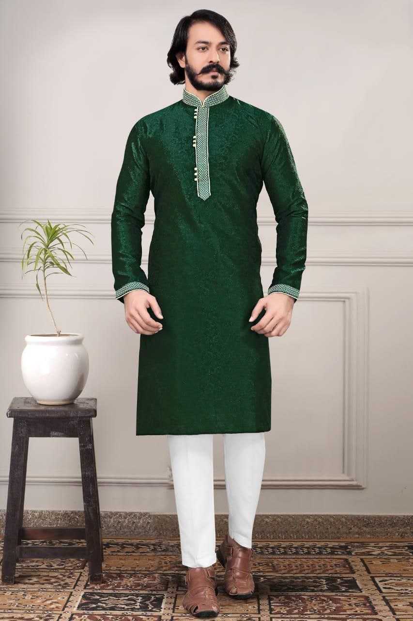 Embroidered Men's Pure Jacquard Cotton Silk Kurta Pajama Set In Green