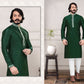 Green Embroidered Men's Pure Jacquard Cotton Silk Kurta Pajama Set In Kingman
