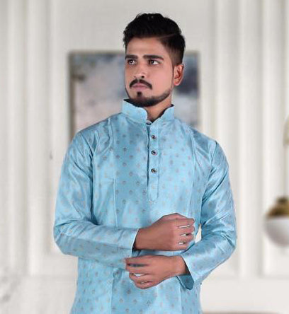 Light blue color Designed Men's Pure Jacquard Cotton Silk Kurta Pajama Set near me