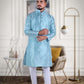  Designed Men's Pure Jacquard Cotton Silk Kurta Pajama Set -Light Blue